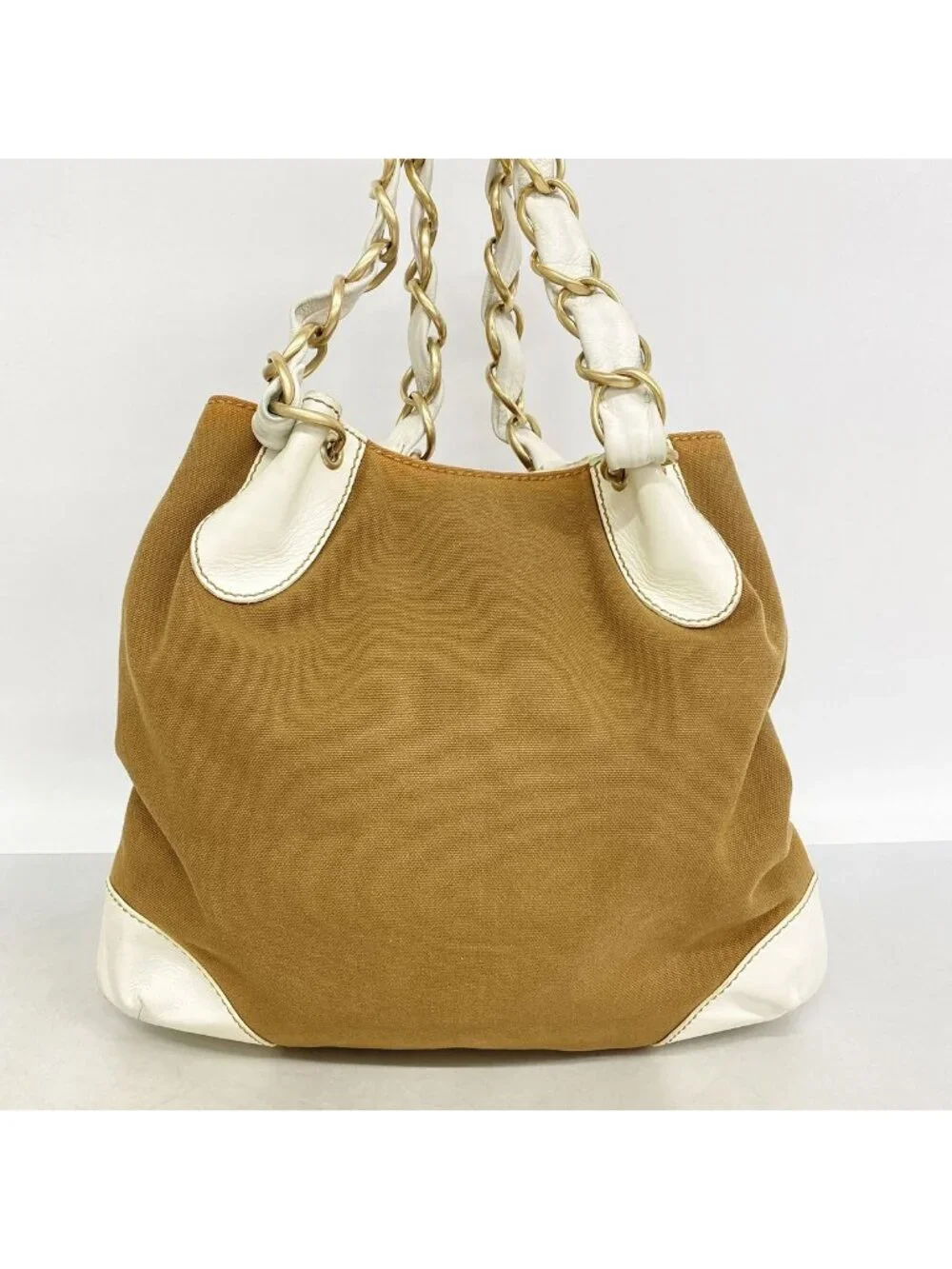 Chanel Chain Tote Canvas Beige White Gold